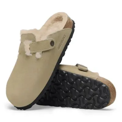 Birkenstock Boston Shearling Suede Ladies Taupe Suede Buckle Slip Ons