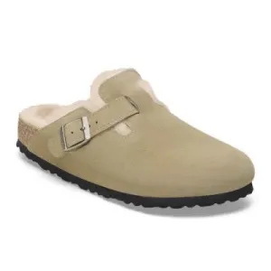 Birkenstock Boston Shearling Suede Ladies Taupe Suede Buckle Slip Ons