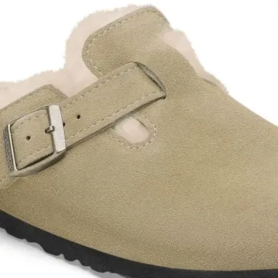 Birkenstock Boston Shearling Suede Ladies Taupe Suede Buckle Slip Ons