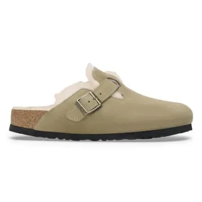 Birkenstock Boston Shearling Suede Ladies Taupe Suede Buckle Slip Ons