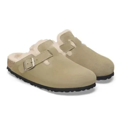 Birkenstock Boston Shearling Suede Ladies Taupe Suede Buckle Slip Ons