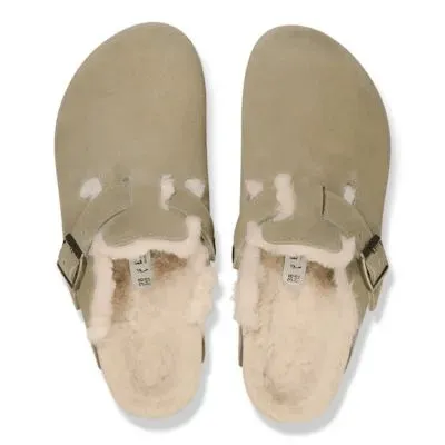 Birkenstock Boston Shearling Suede Ladies Taupe Suede Buckle Slip Ons