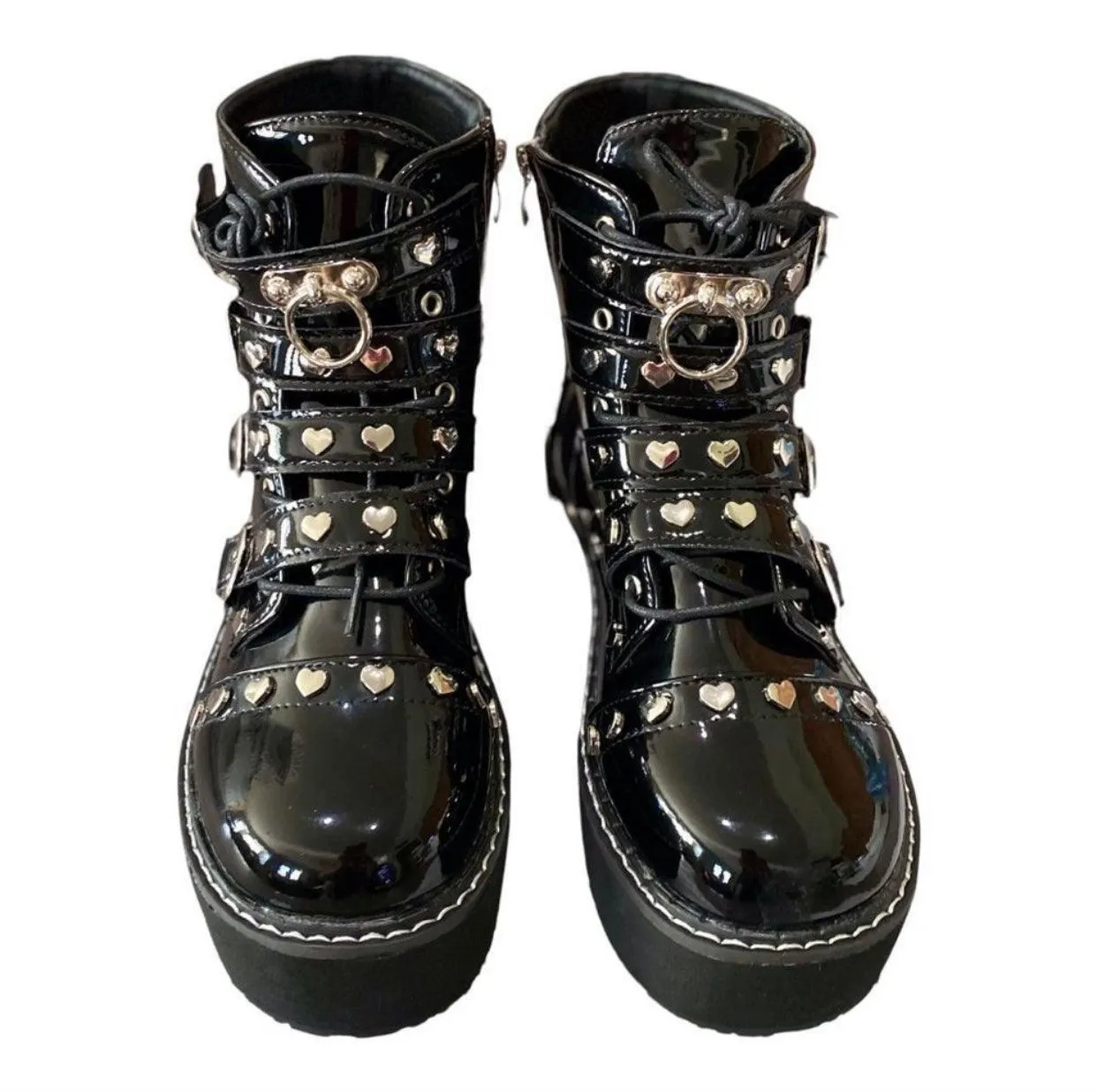 Black Patent Silver Hearts Platform Combat Boots