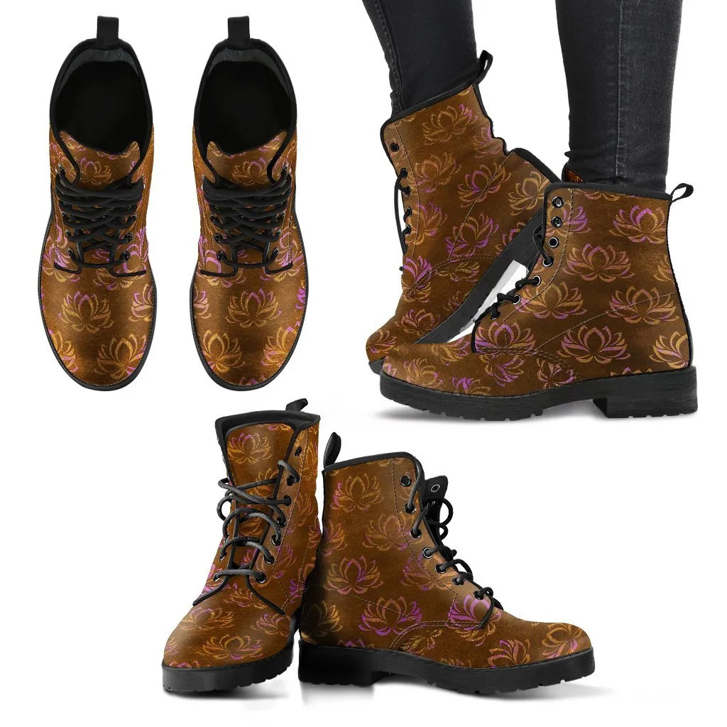 Combat Boots - Lotus, Distressed Brown Lace Up Boots Women, Custom Shoes, Vegan Shoes, 90s Boots, 2000s Boots, Hippie Boots, Women's Boots