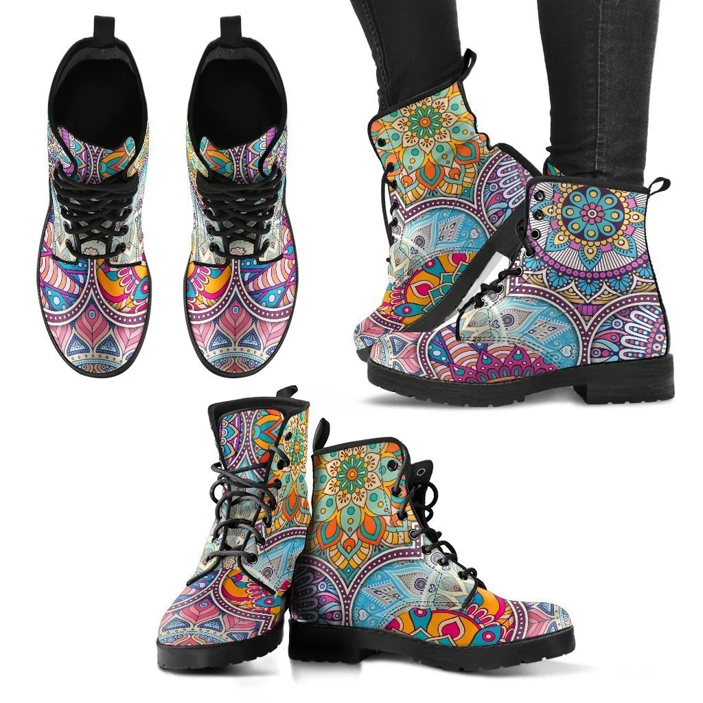 Combat Boots - Mandala Pattern | Boho Shoes, Handmade Lace Up Boots, Vegan Leather Lace Up Boots Women, 90s Boots, 2000s Boots