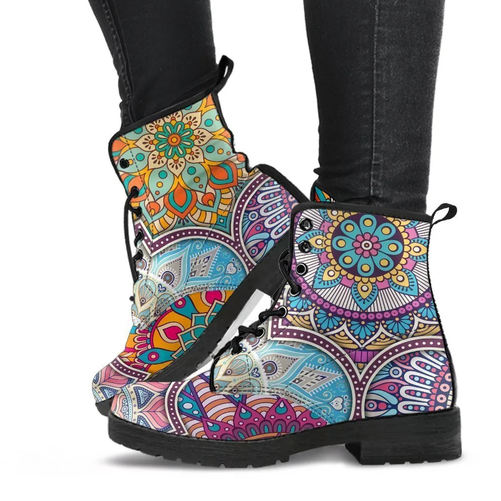 Combat Boots - Mandala Pattern | Boho Shoes, Handmade Lace Up Boots, Vegan Leather Lace Up Boots Women, 90s Boots, 2000s Boots