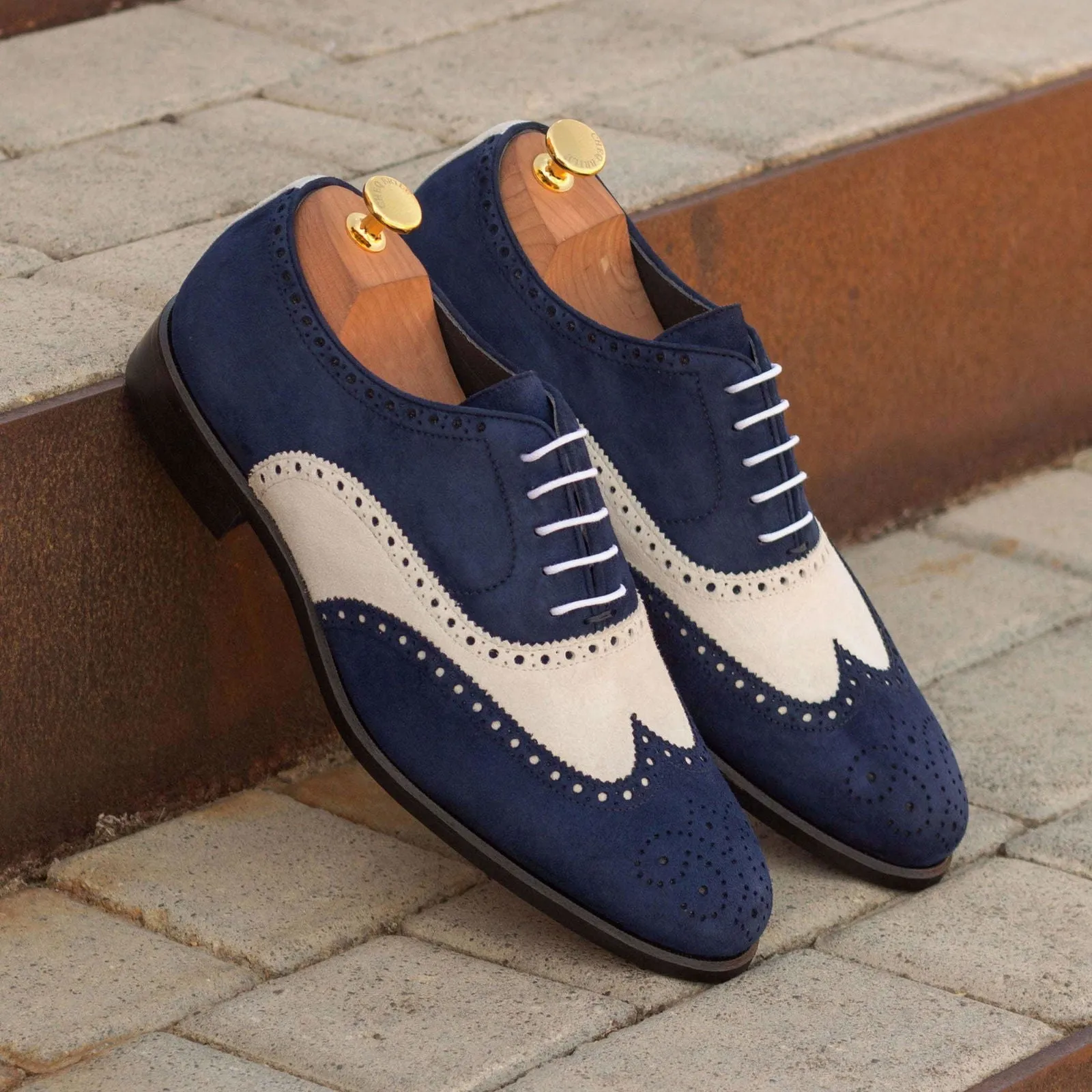 Full Brogue-Kid Suede, White, Blue-Wholesale