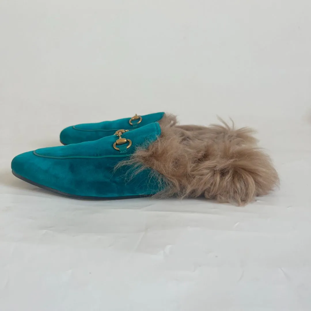 Gucci Turquoise Velvet Princetown Fur Mules, size 39