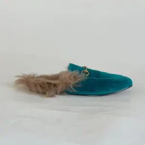 Gucci Turquoise Velvet Princetown Fur Mules, size 39