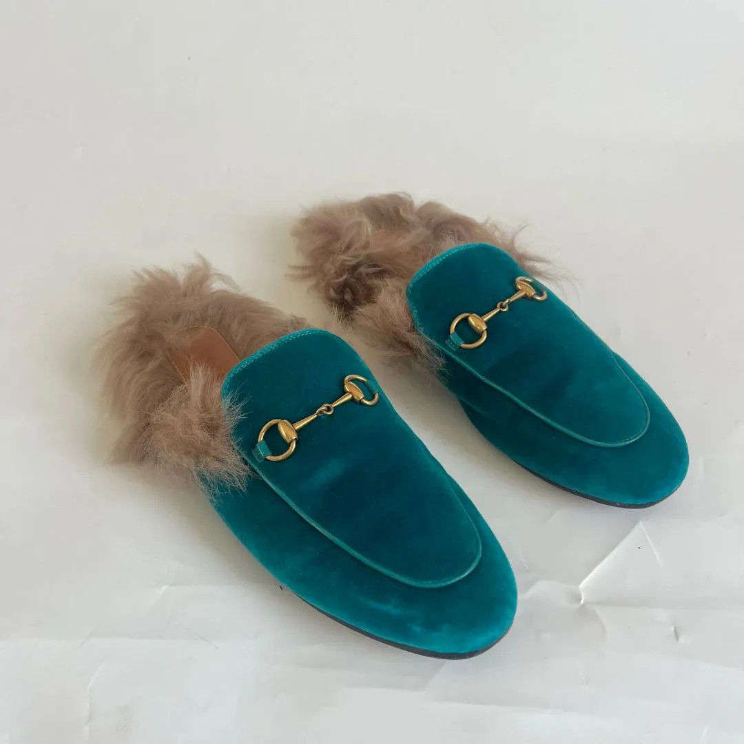 Gucci Turquoise Velvet Princetown Fur Mules, size 39