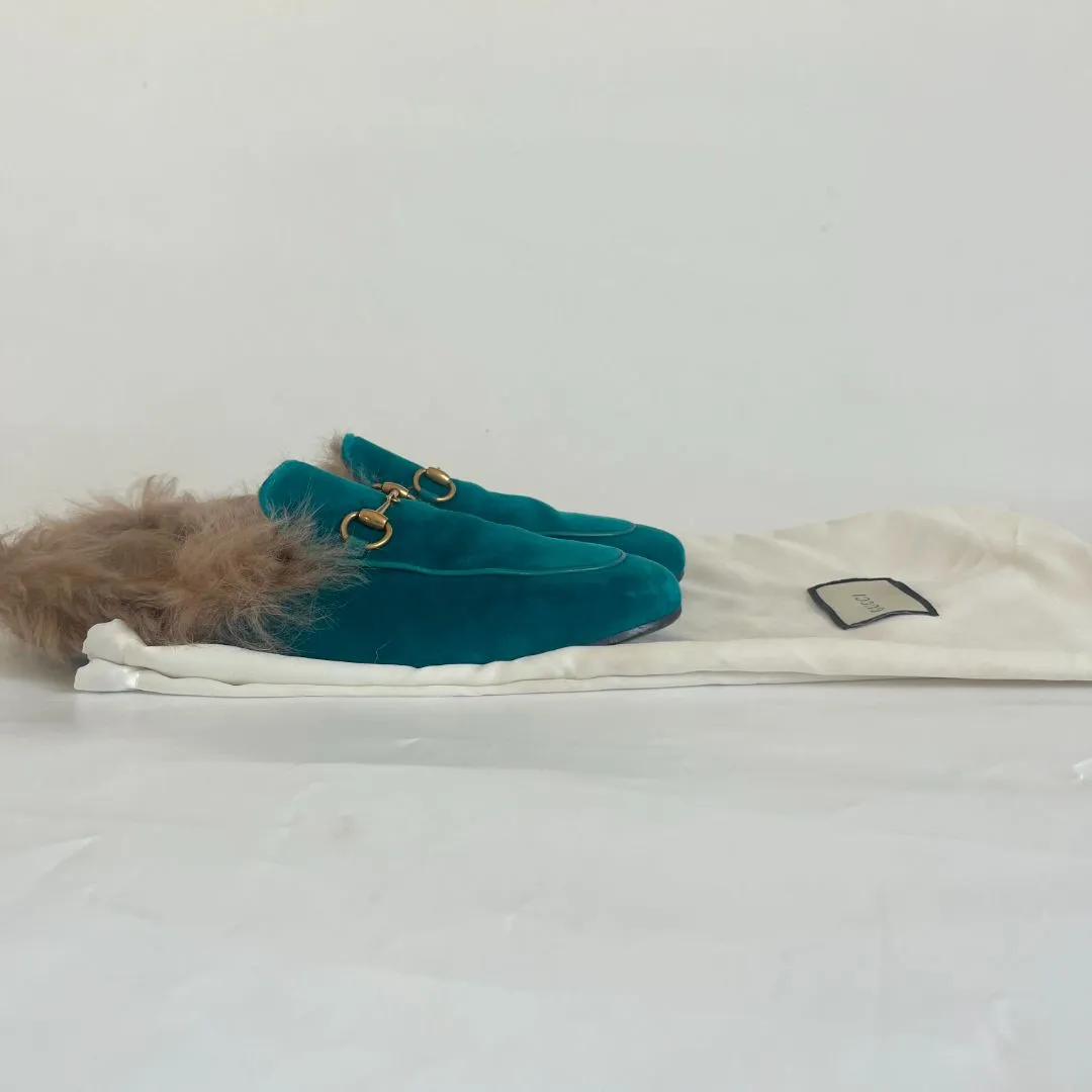 Gucci Turquoise Velvet Princetown Fur Mules, size 39