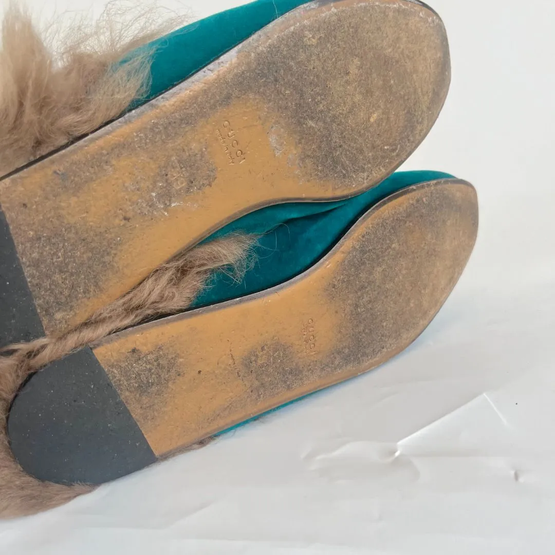 Gucci Turquoise Velvet Princetown Fur Mules, size 39
