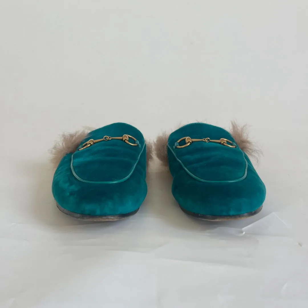 Gucci Turquoise Velvet Princetown Fur Mules, size 39