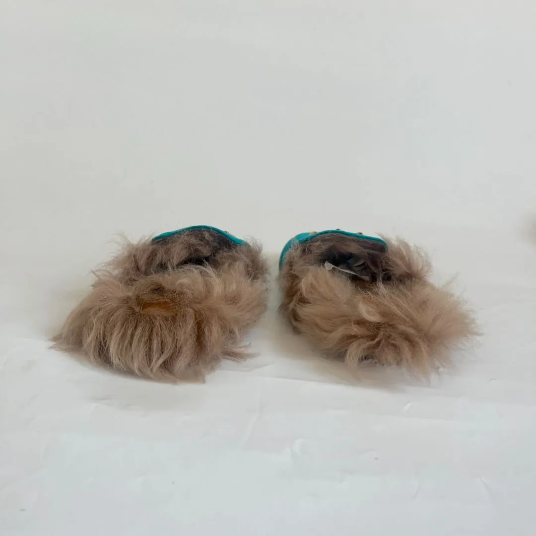 Gucci Turquoise Velvet Princetown Fur Mules, size 39