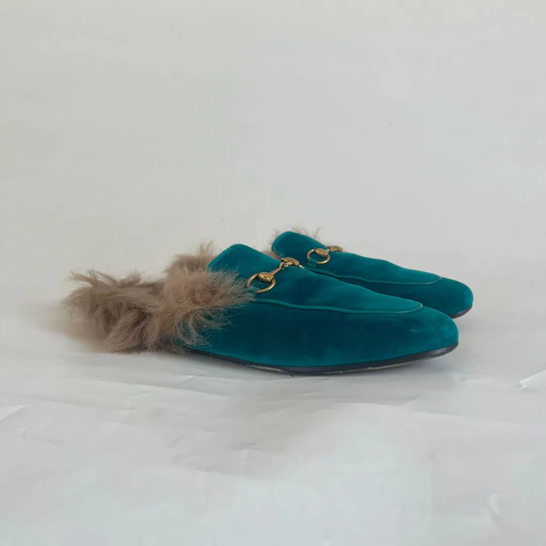 Gucci Turquoise Velvet Princetown Fur Mules, size 39
