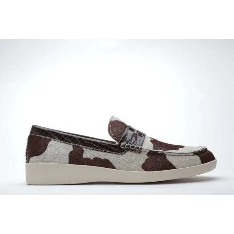 Johnny Famous Bally Style Pony Men's Brown Animal Leather Slip Ons