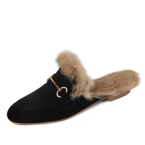 Kayla Suede Fur Lined Mules Black