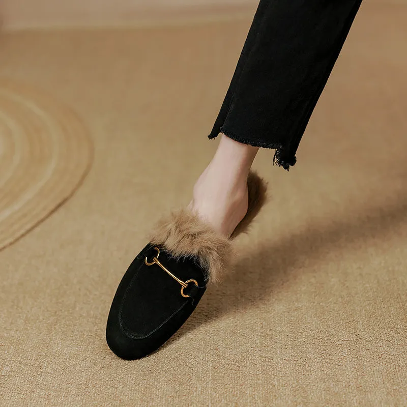 Kayla Suede Fur Lined Mules Black
