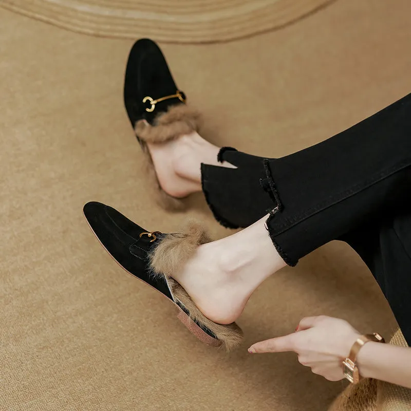 Kayla Suede Fur Lined Mules Black