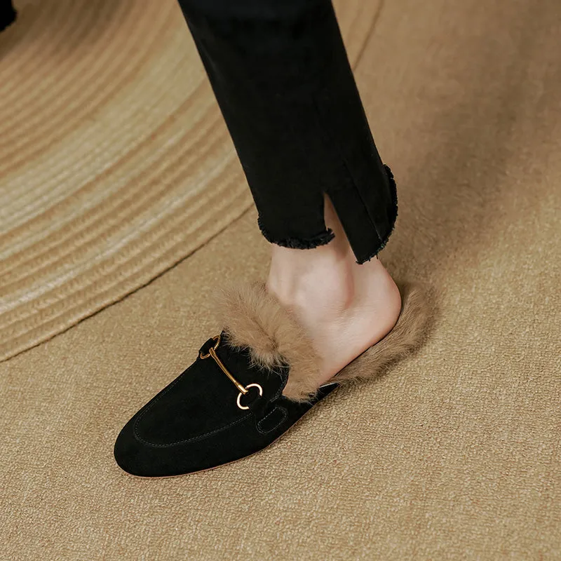 Kayla Suede Fur Lined Mules Black