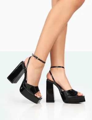 Lyle Black Patent Square Toe Block Platform High Heels