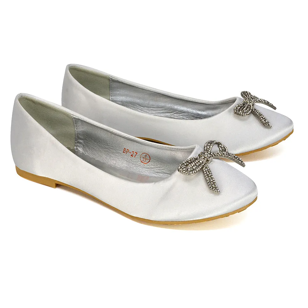 Rory Diamante Bow Flat Slip-on Wedding Bridal Pump Ballerina Shoes in Black Satin