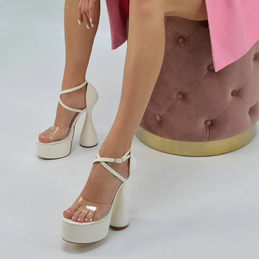 Sonia Strappy Perspex Sculptured Cyclinder High Heel Platform Sandals in White Synthetic Leather
