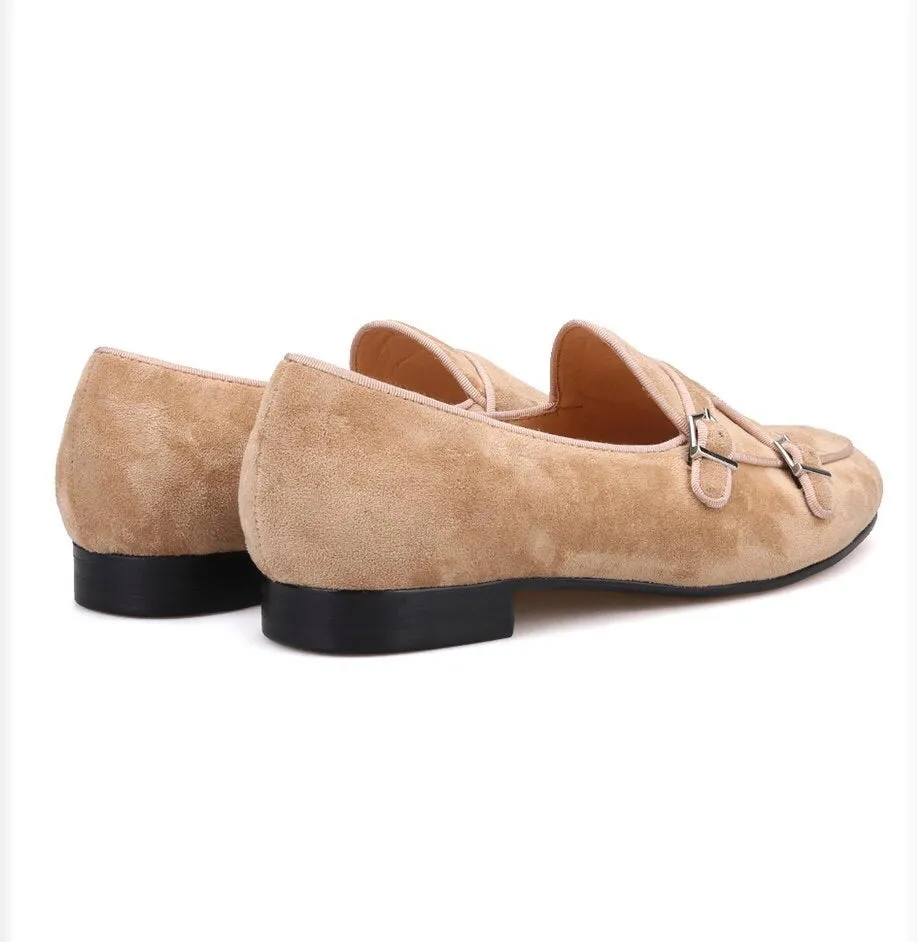 Tan Suede Double Monk Loafers