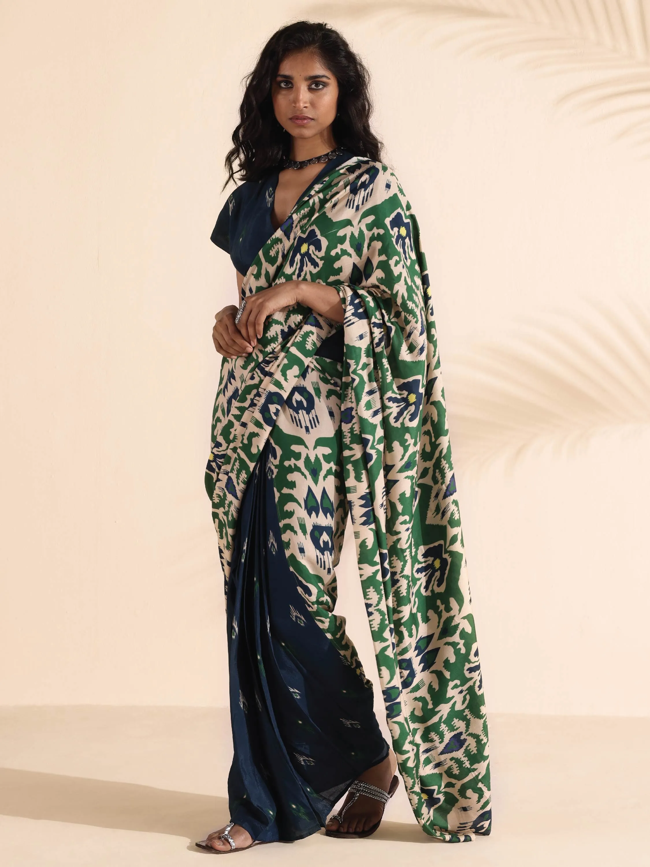 trueBrowns Green Blue Muslin Ikat Ready to Wear Saree