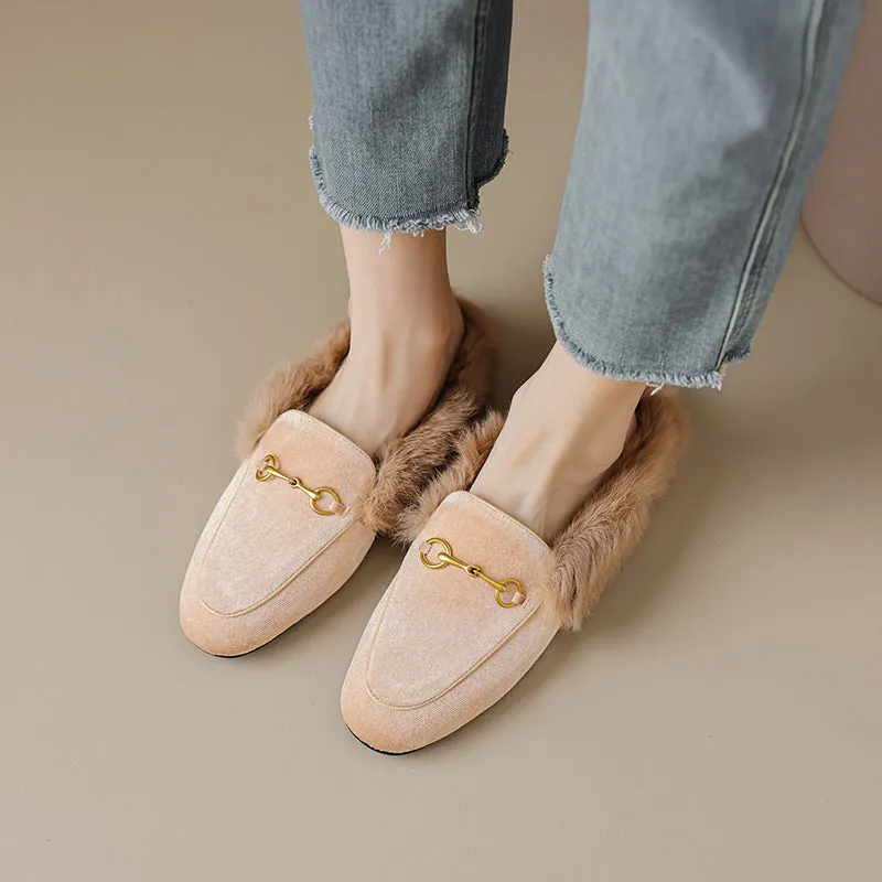 Women Handmade Velvet Fur Lined Loafer Mule