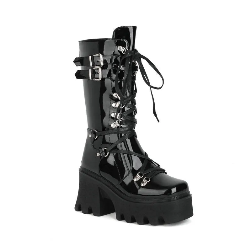 Women's black chunky platform motorcycle boots Steampunk bukcle strap biker boots Chunky combat boots