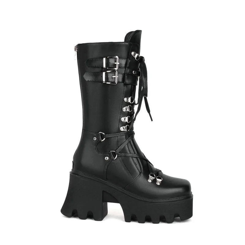 Women's black chunky platform motorcycle boots Steampunk bukcle strap biker boots Chunky combat boots