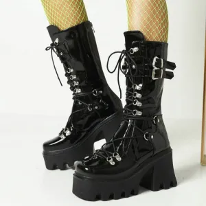 Women's black chunky platform motorcycle boots Steampunk bukcle strap biker boots Chunky combat boots