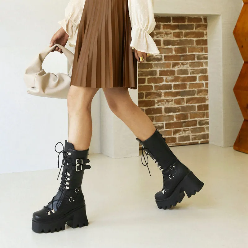Women's black chunky platform motorcycle boots Steampunk bukcle strap biker boots Chunky combat boots