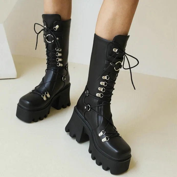 Women's black chunky platform motorcycle boots Steampunk bukcle strap biker boots Chunky combat boots