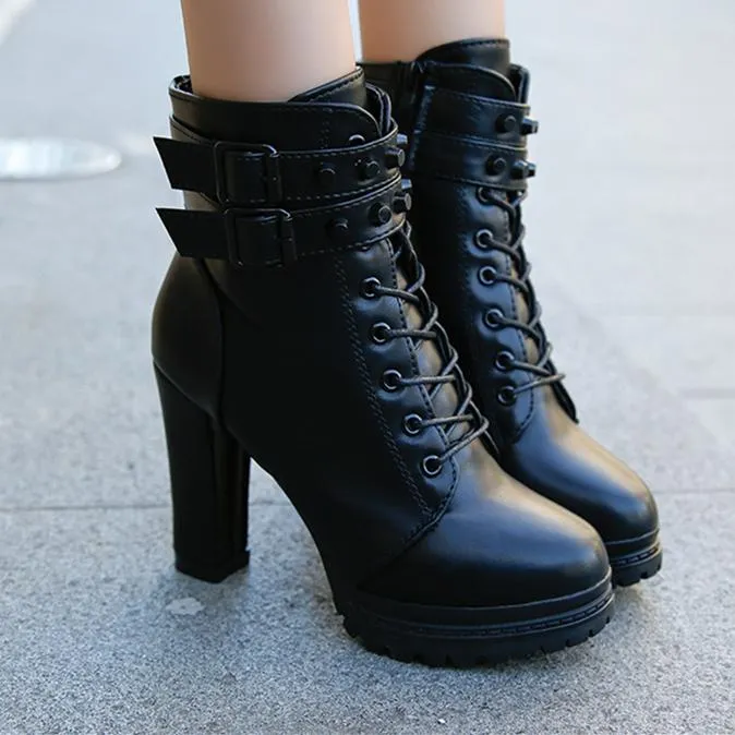 Women's chunky high heel buckle strap combat boots