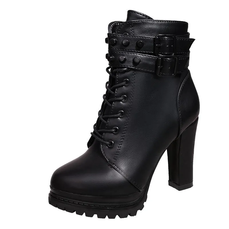 Women's chunky high heel buckle strap combat boots