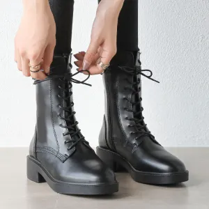 Women's low heels mid calf combat boots lace-up biker boots England style