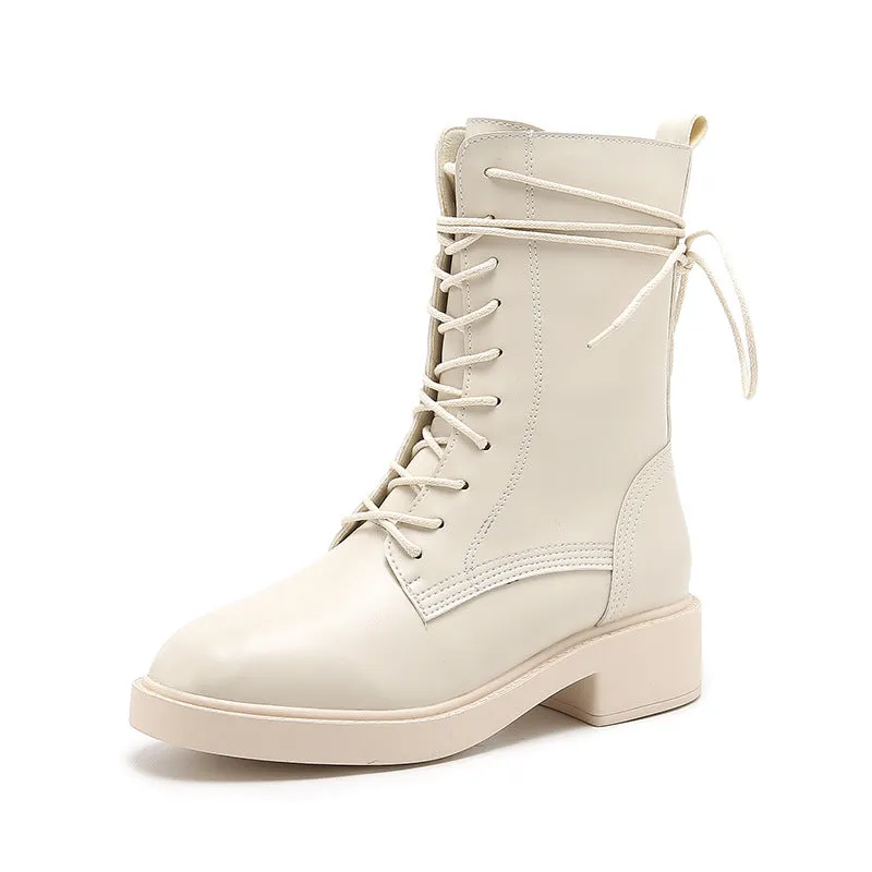 Women's low heels mid calf combat boots lace-up biker boots England style