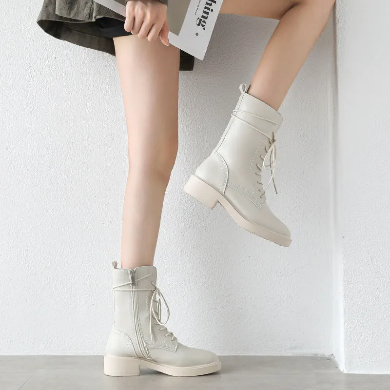 Women's low heels mid calf combat boots lace-up biker boots England style