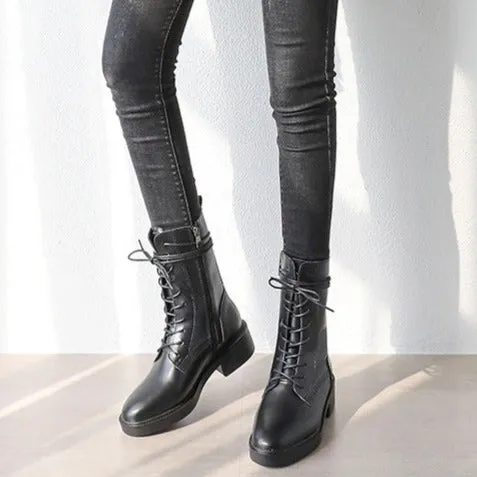 Women's low heels mid calf combat boots lace-up biker boots England style