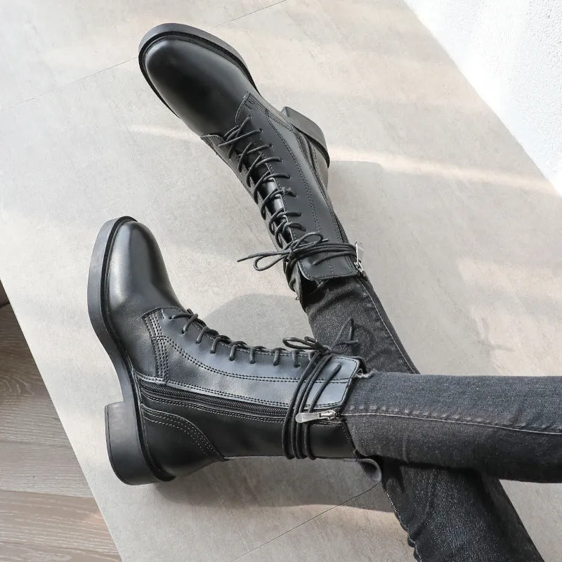 Women's low heels mid calf combat boots lace-up biker boots England style