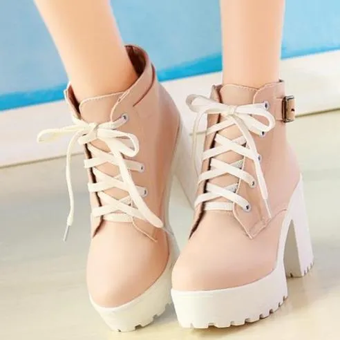 Women's platform front lace chunky booties with buckle strap