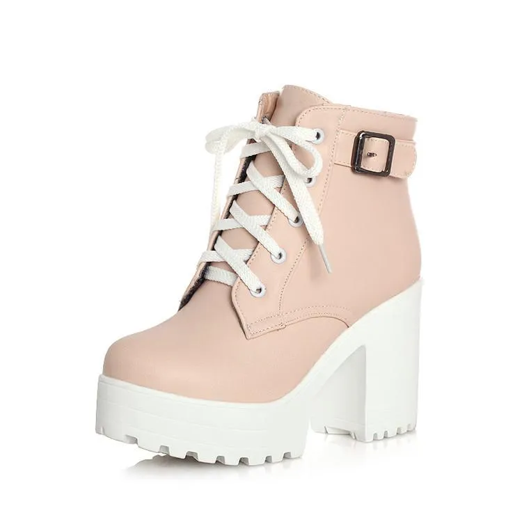 Women's platform front lace chunky booties with buckle strap