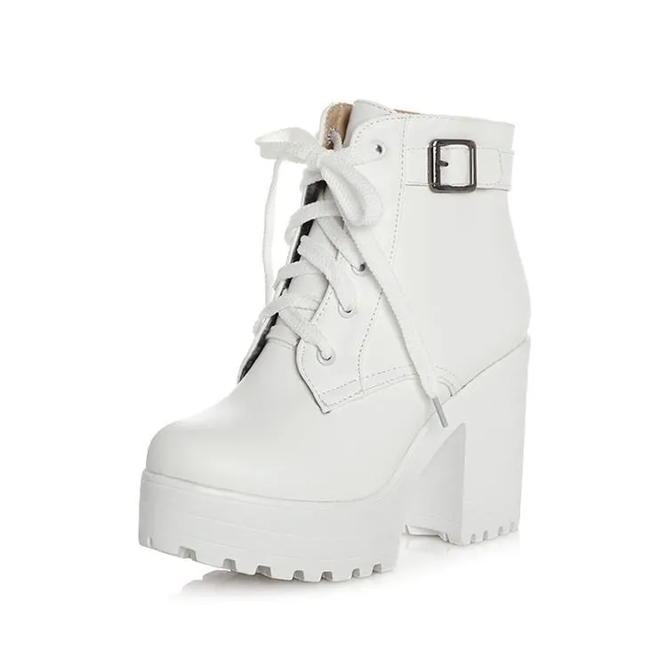 Women's platform front lace chunky booties with buckle strap