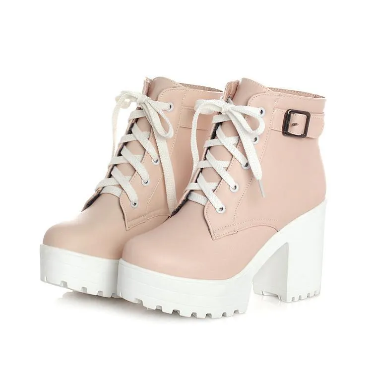 Women's platform front lace chunky booties with buckle strap