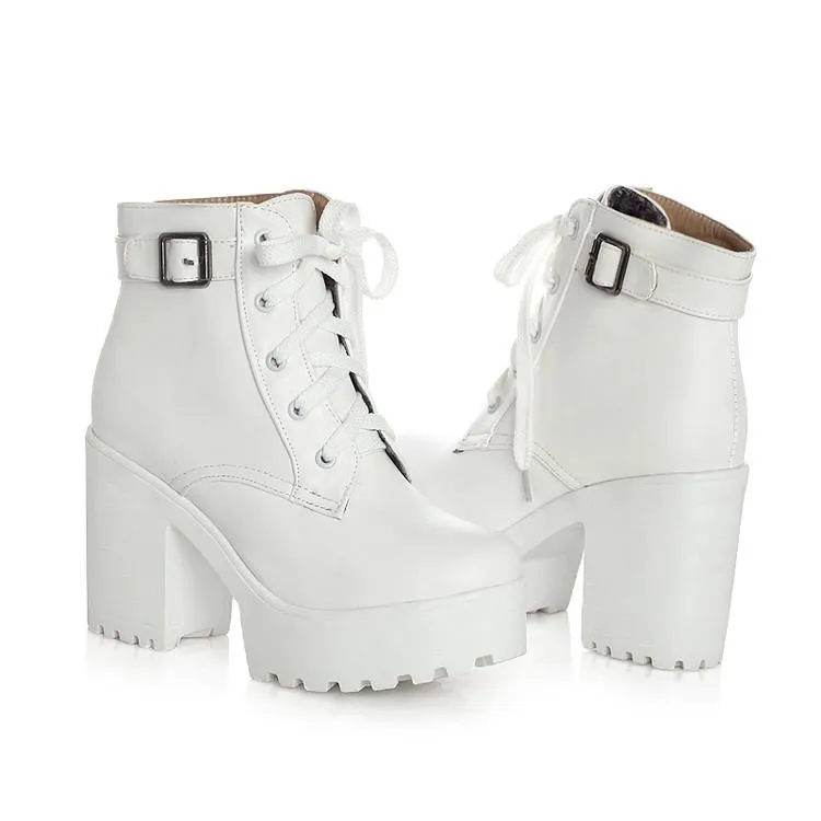 Women's platform front lace chunky booties with buckle strap