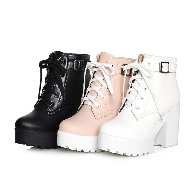 Women's platform front lace chunky booties with buckle strap