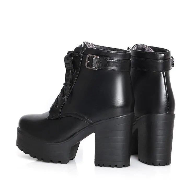 Women's platform front lace chunky booties with buckle strap