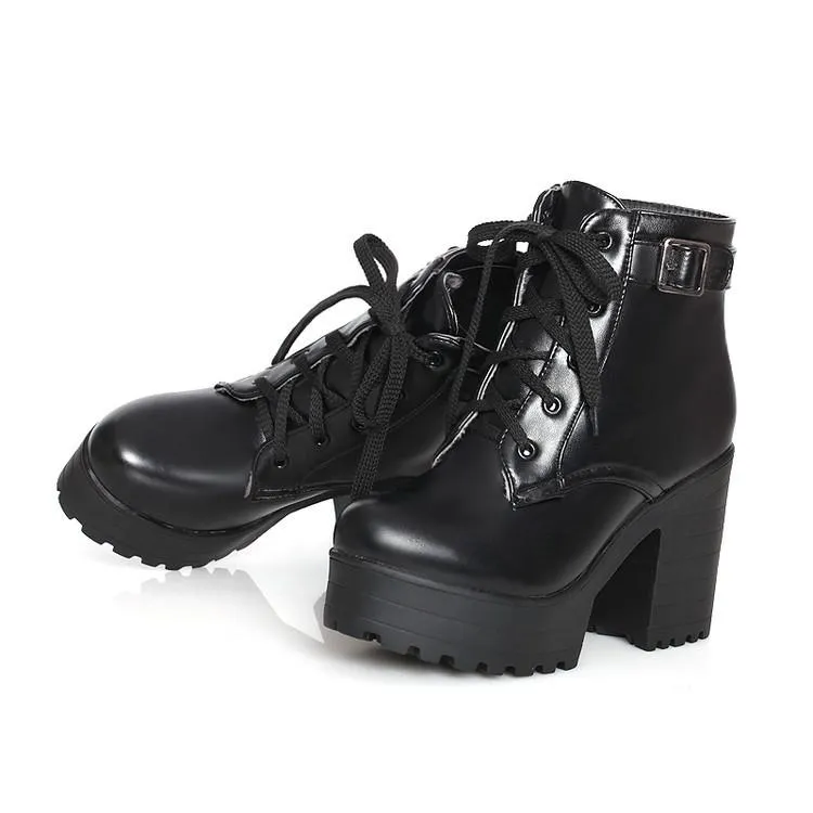 Women's platform front lace chunky booties with buckle strap